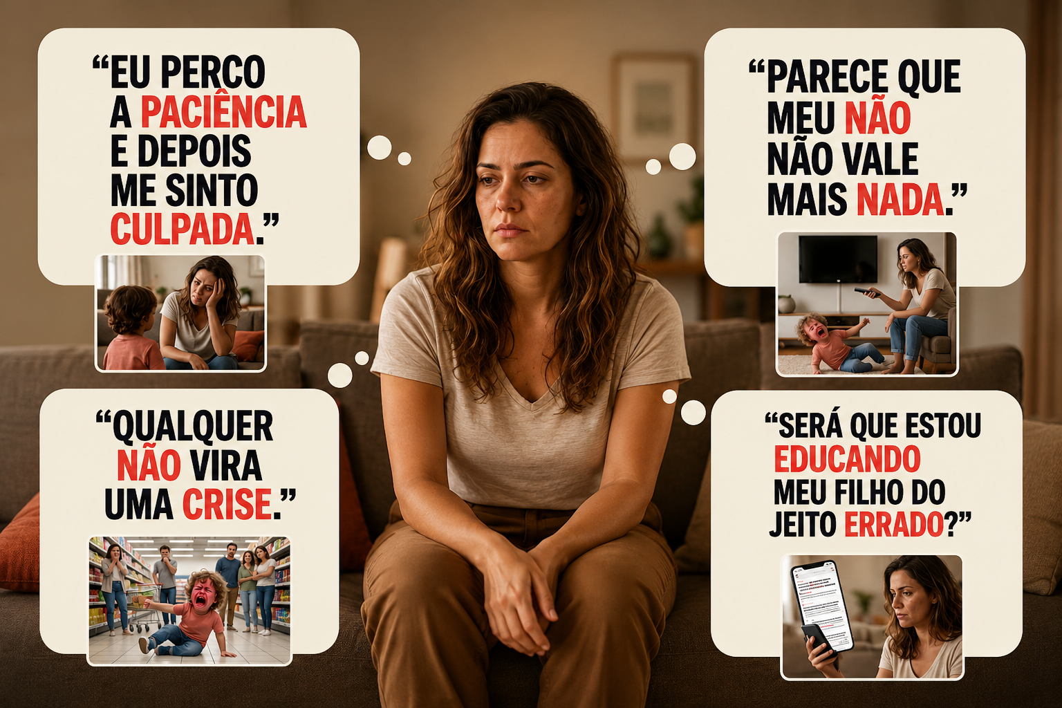 Pensamentos de uma mãe organizados ao lado da imagem, sem cobrir o rosto